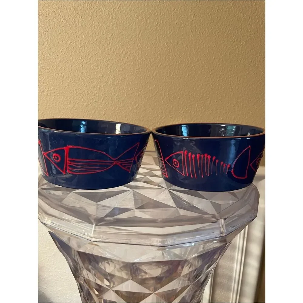 Crate & Barrel Shore Dark Navy Red Fish Bowls lot of 2